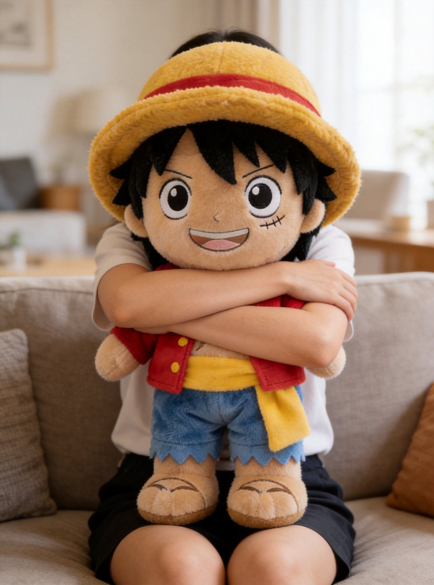 Cliente abrazando peluche Luffy
